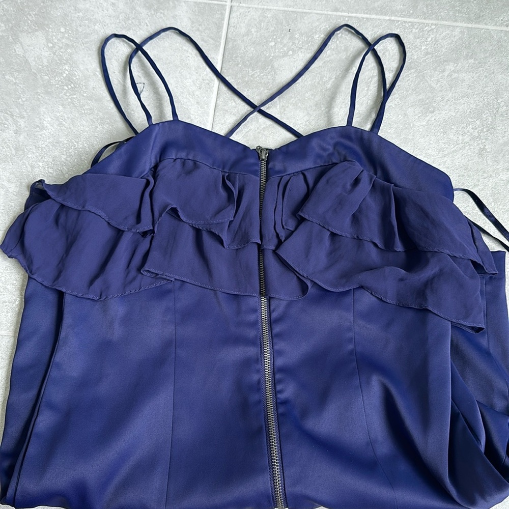 Ruffle top front zip mini dress w double straps